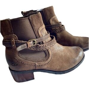UGG Australia Brown Leather Braided Strap Ankle Boots Stacked Heel Distressed